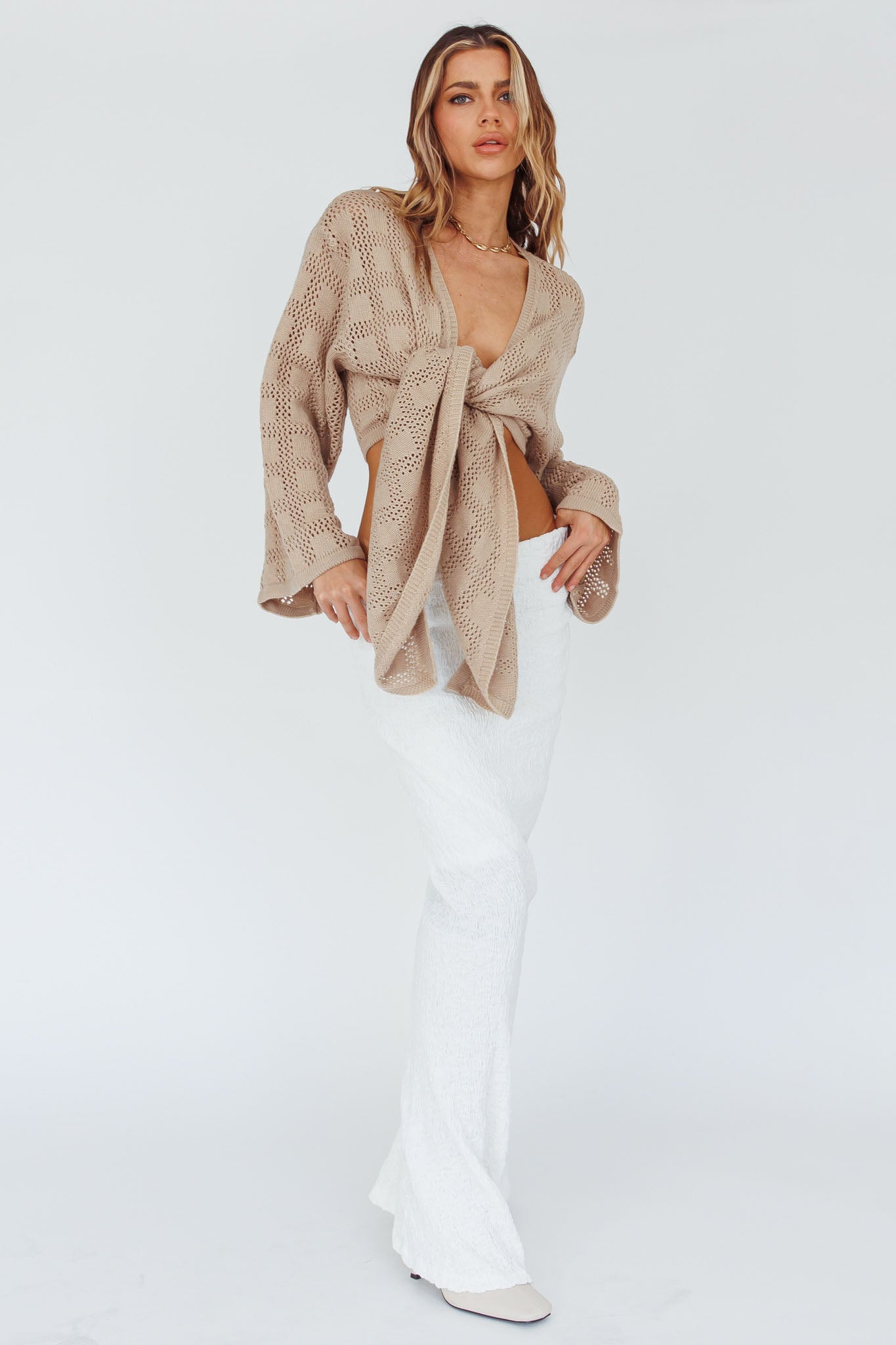 Rivera Deep-V Waist-Tie Top Crochet Sand