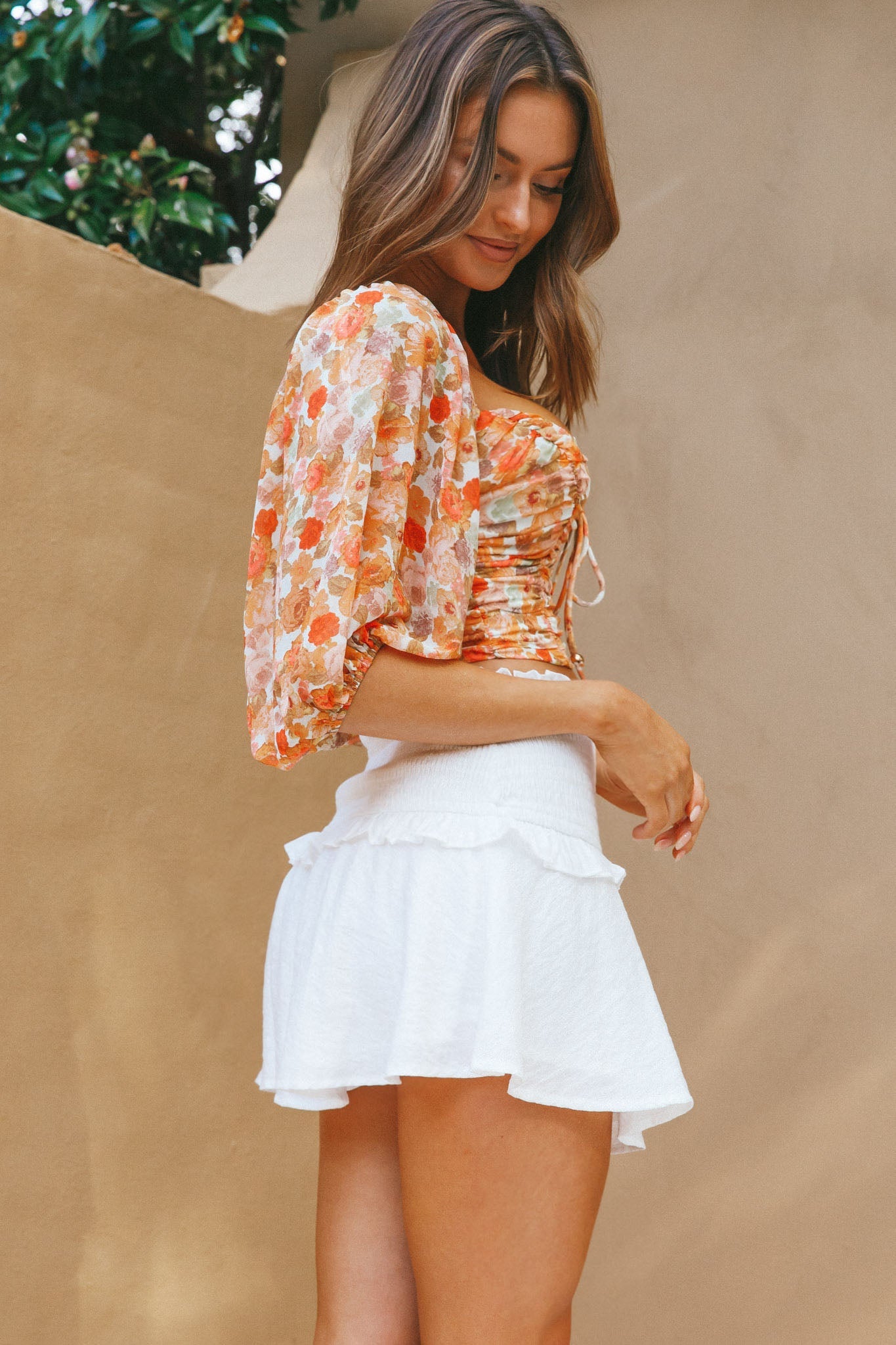 Magic Moment Ruched Tie Bust Crop Top Floral Print Orange