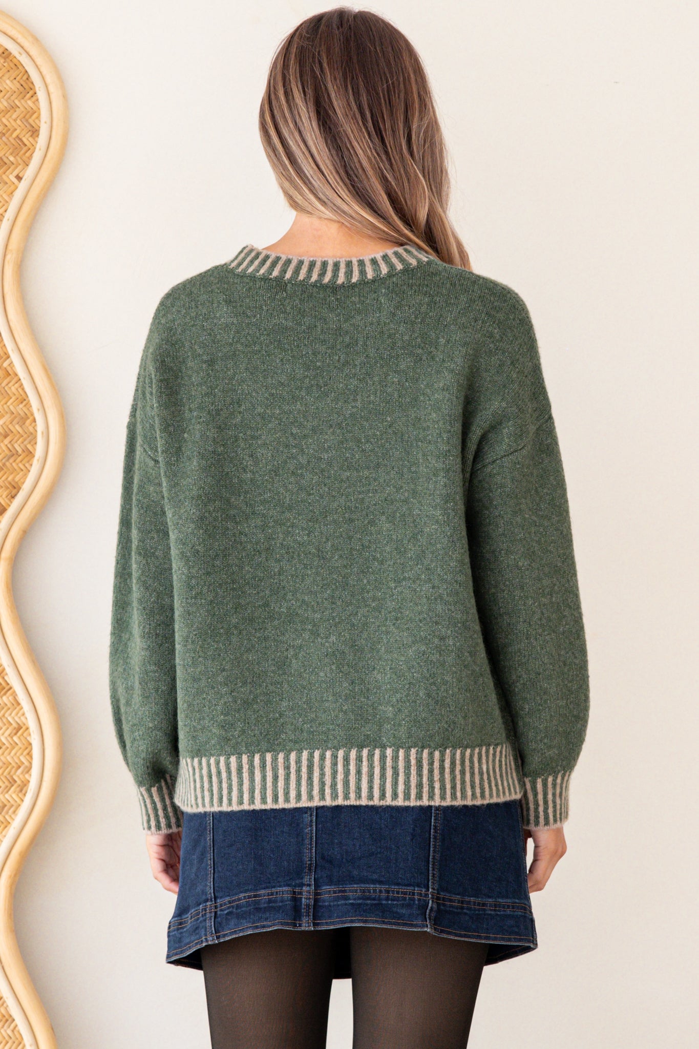 Aura Jumper - Crew Neck Jumper with Contrast Stripe Trim in Dark Green