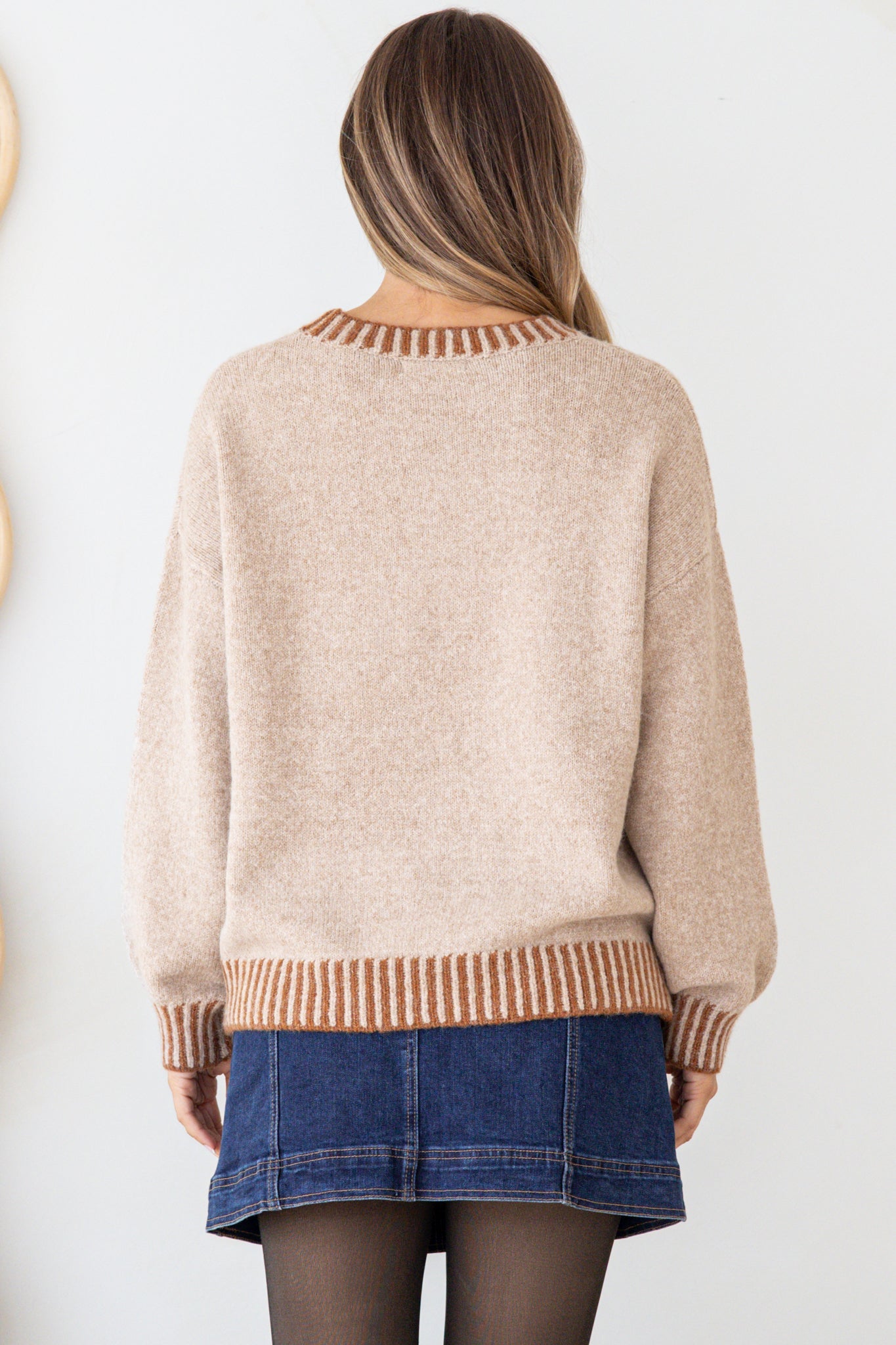 Aura Jumper - Crew Neck Jumper with Contrast Stripe Trim in Mocha
