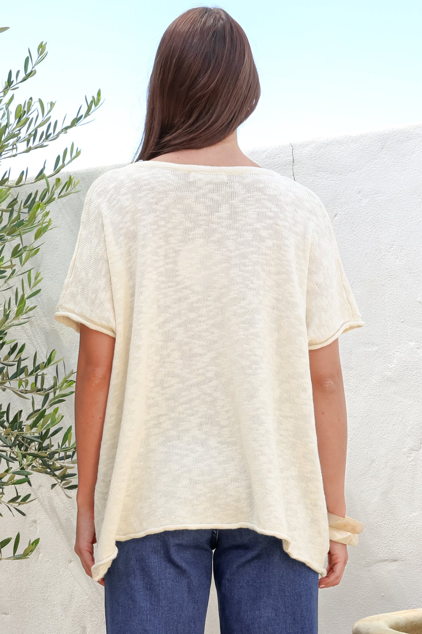 Baha Knit Top - Relaxed V Neck Cotton Knit with Short Sleeves in White