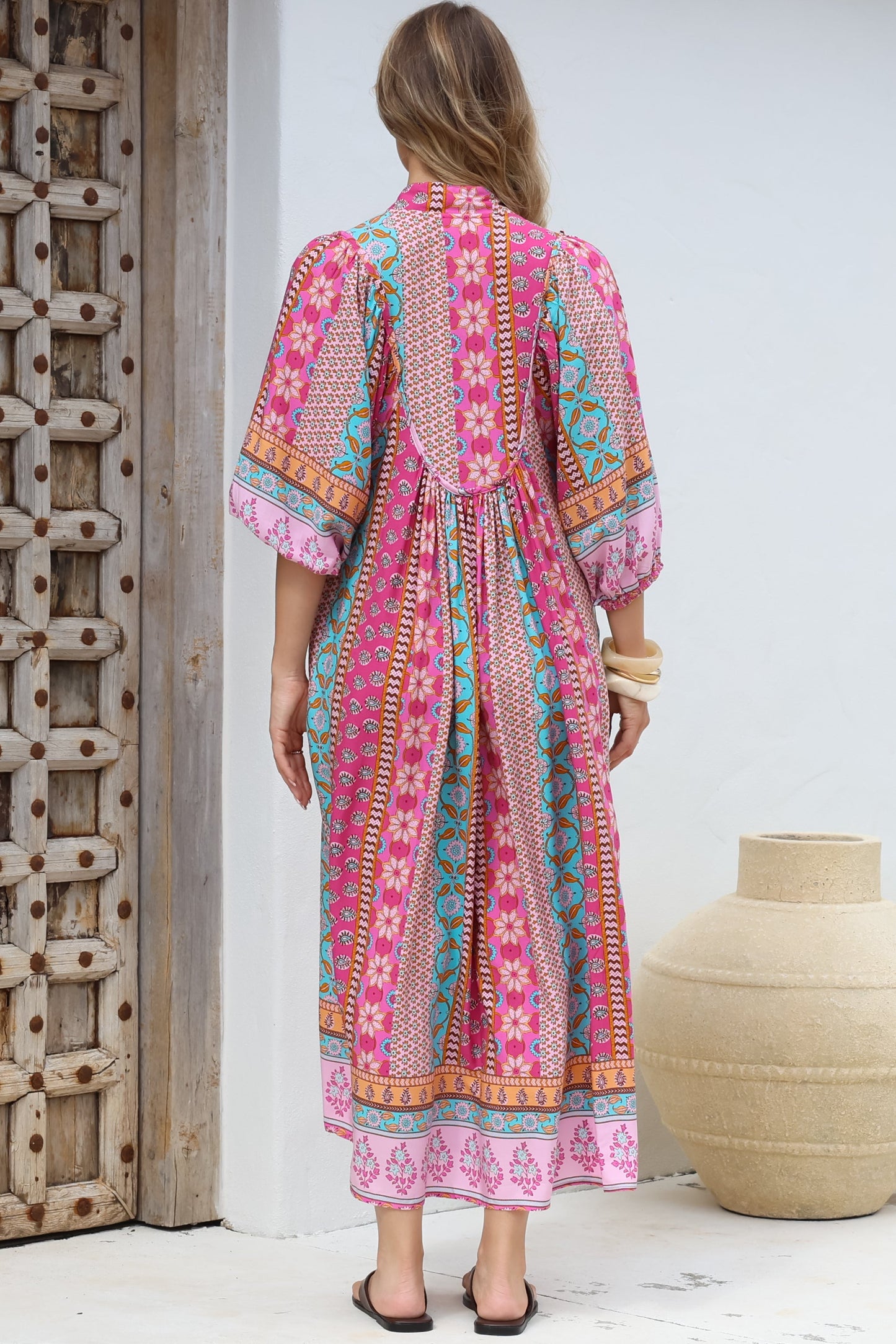 JAASE - Boheme Midi Dress: Piping Defined Bust Slimline Smock Dress in Cedella Print