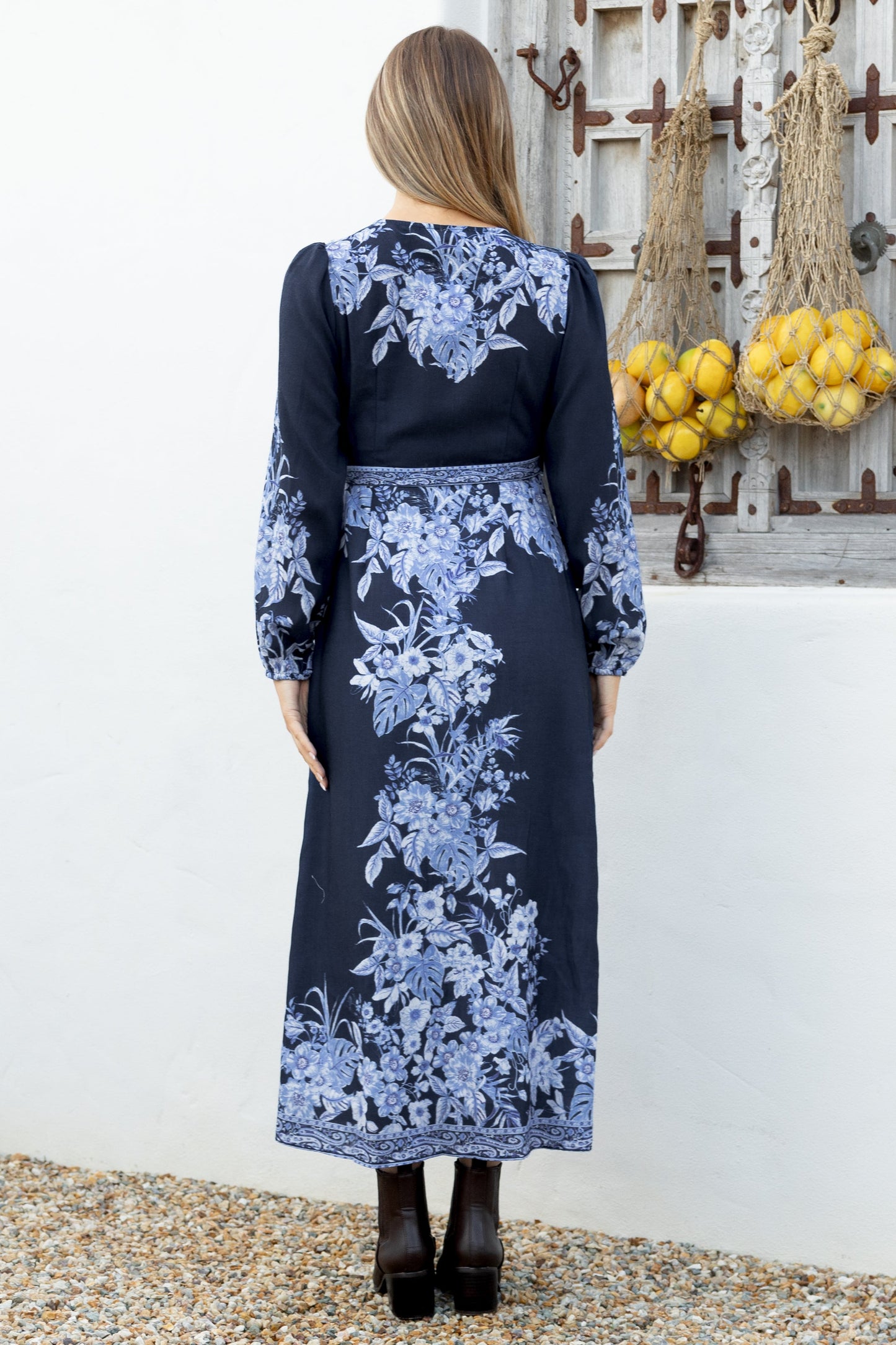 Carindi Midi Dress - V Neck Wrap Dress with Long Balloon Sleeves in Breakwater Print