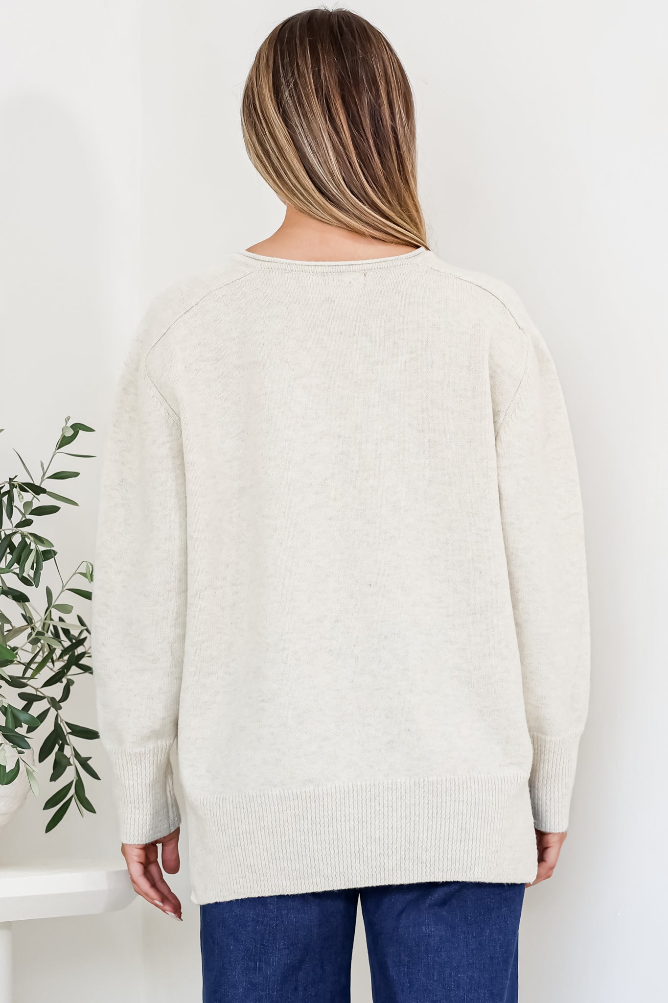 Clarke Jumper - V-Neck Batwing Sleeve Ribbed Step Hemline Knit in Beige