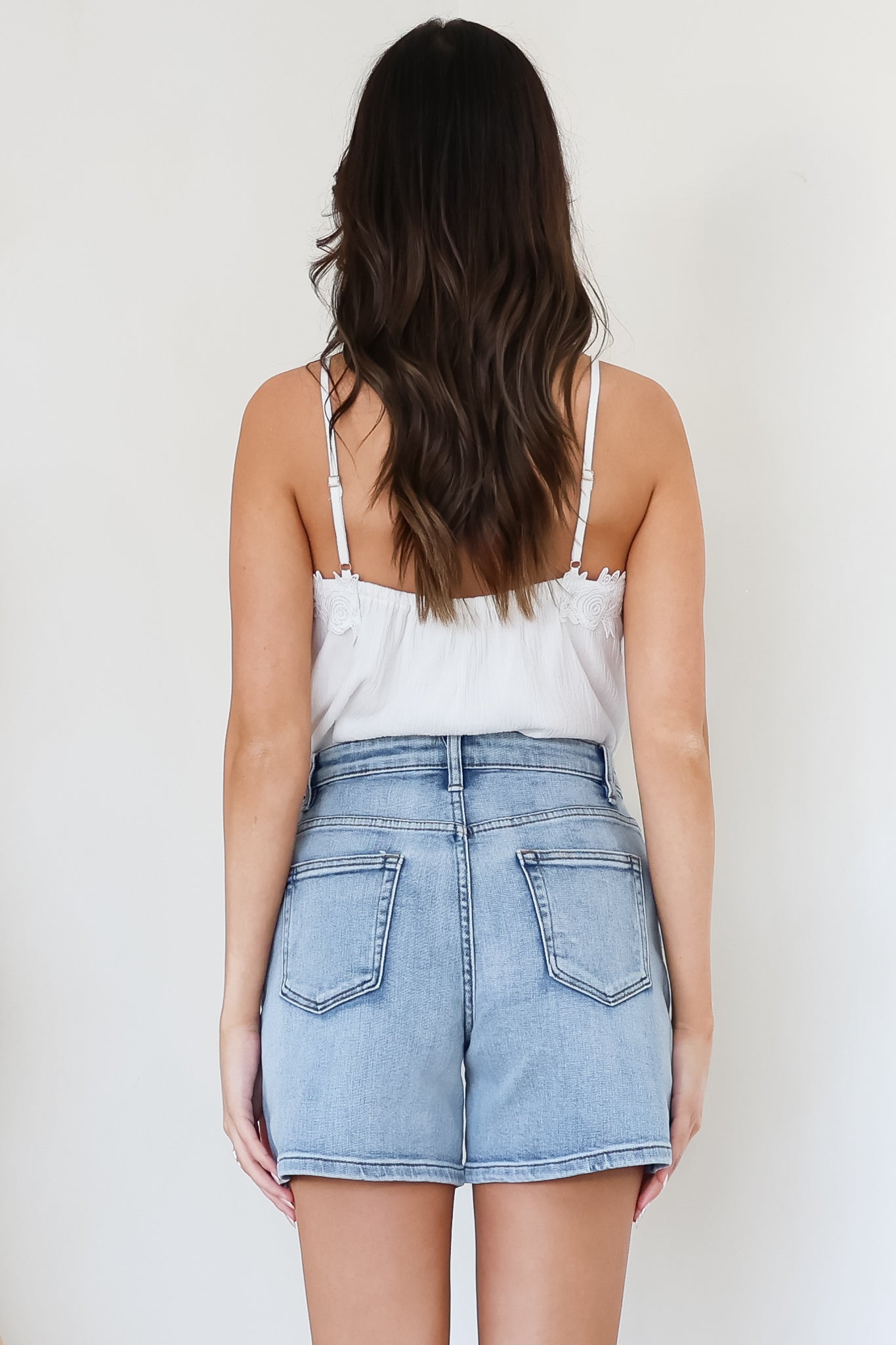 Davie Denim Shorts - High Waisted Straight Leg Shorts in Light Denim