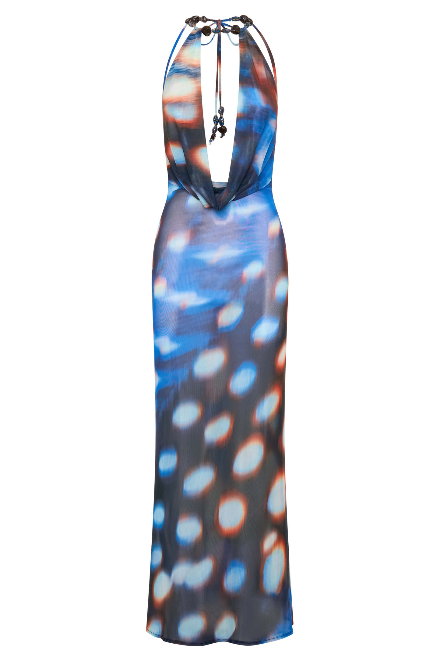 Ethel Mesh Cowl Plunge Maxi - Blue Abstract Print