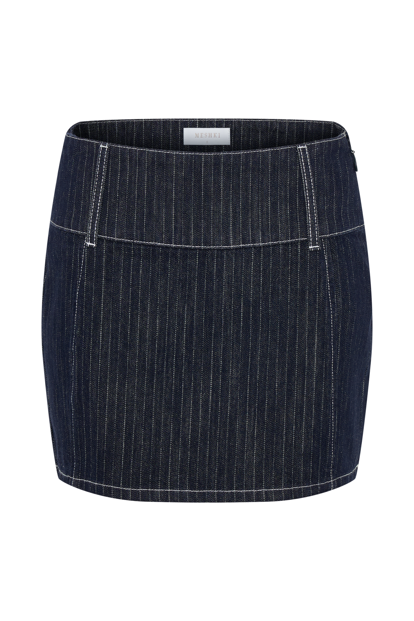 Loraine Mid Rise Denim Mini Skirt - Indigo Pinstripe