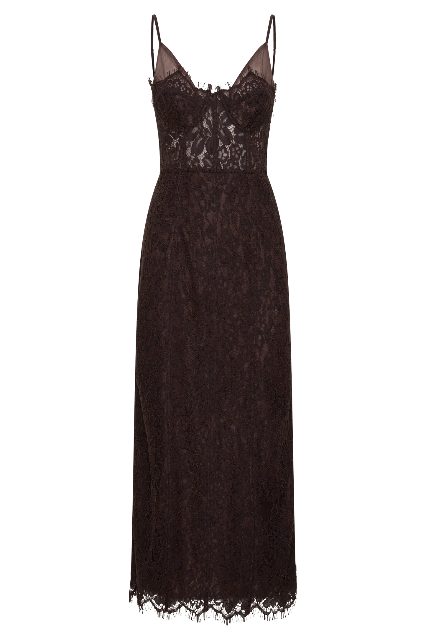 Ottilie Lace And Mesh Midi Dress - Dark Chocolate