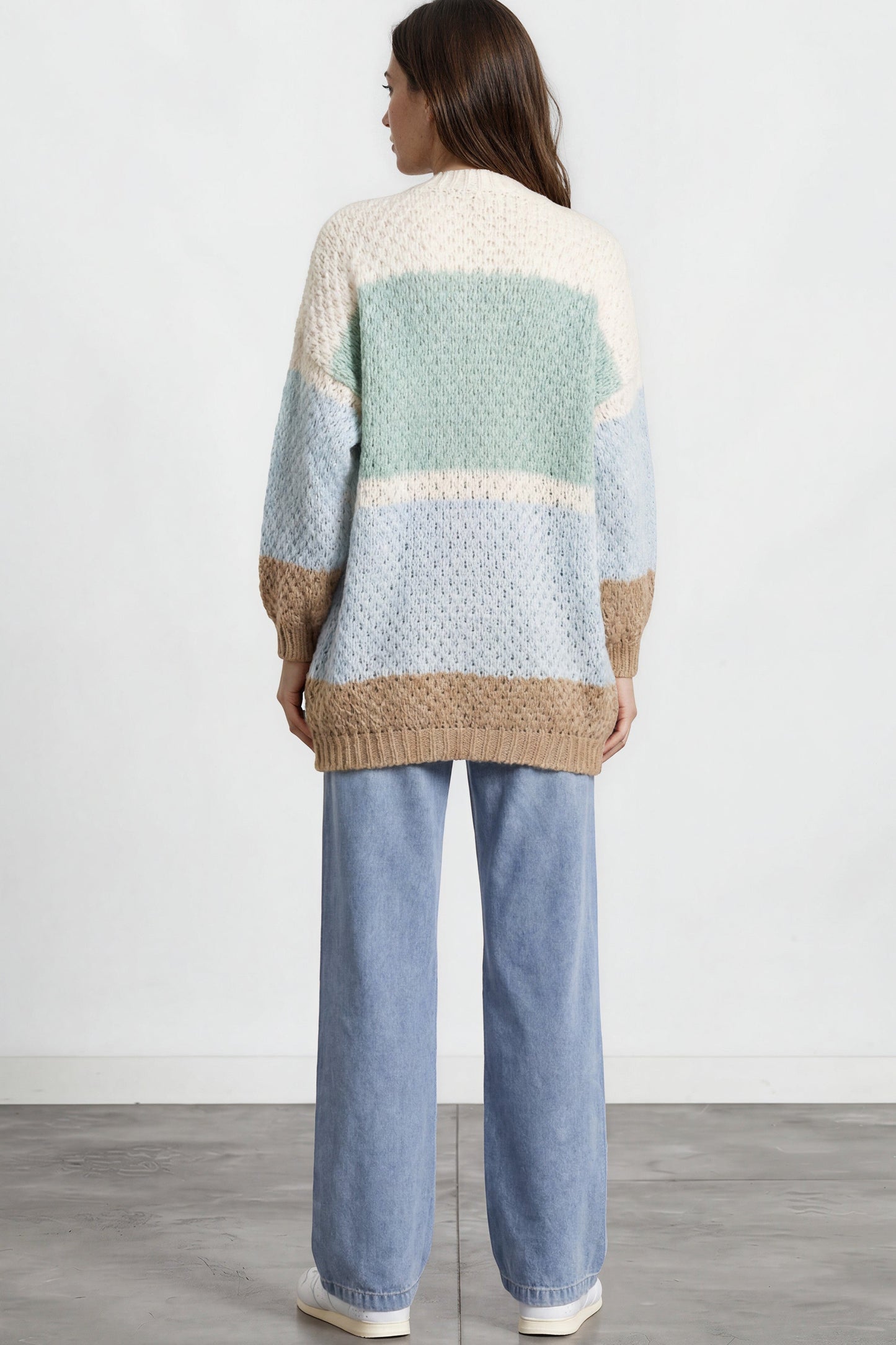 Hana Cardigan - Open Lattice Knit with Pockets and Balloon Sleeves in White/Green Multi