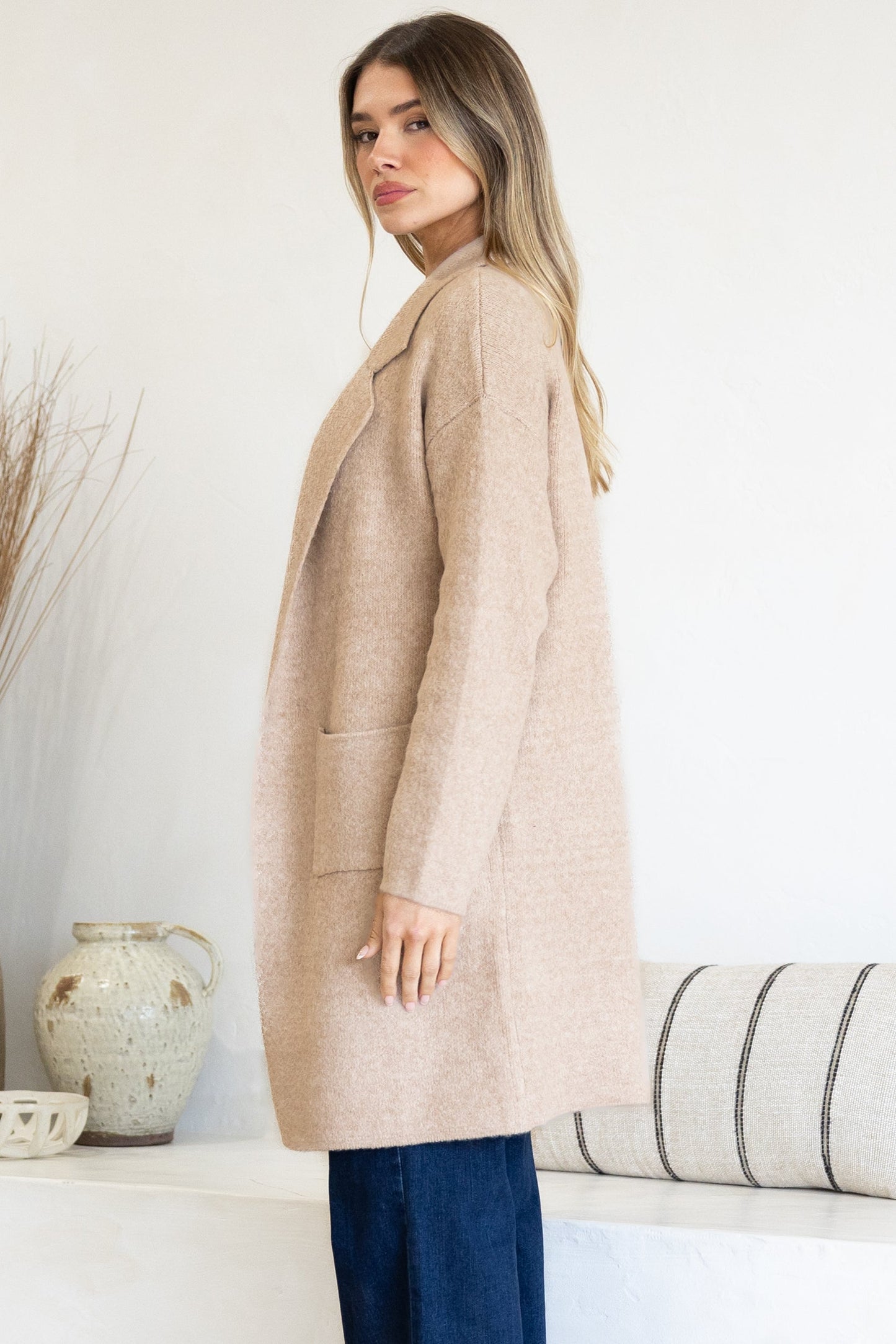 Keagan Cardigan - Folded Lapel Collar Coatigan with Pockets in Camel