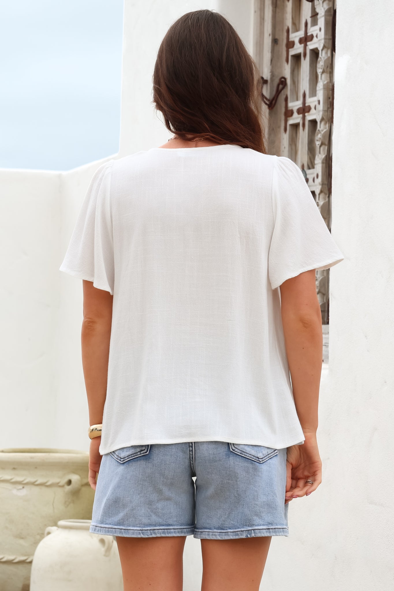 Kendra Top - V Neck Short Sleeve Top with Necktie in White