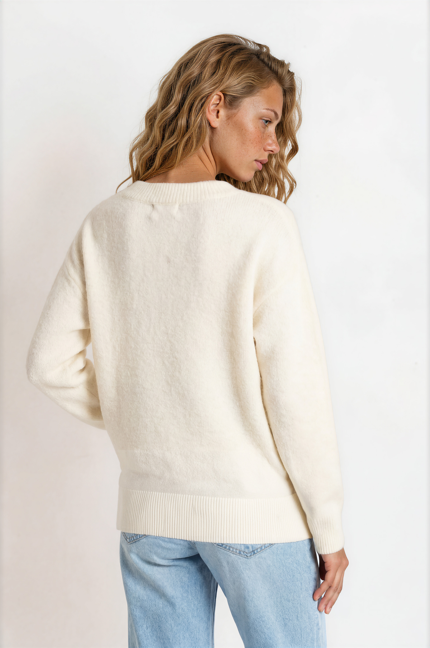 Nikita Jumper - Thick Ribbed V-Neck Knit with Side Split Hemline in White