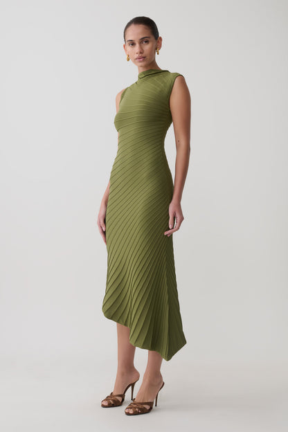 Milasandra Pleated Knit Dress - Olive