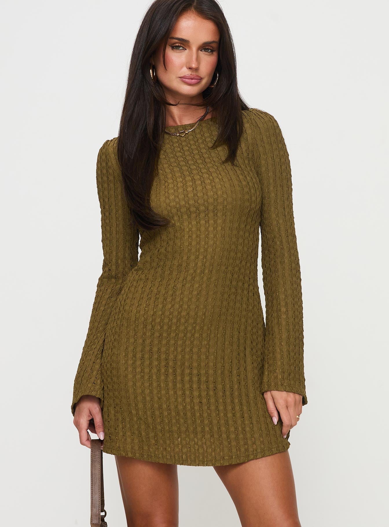 Lukea Long Sleeve Ribbed Mini Dress Olive