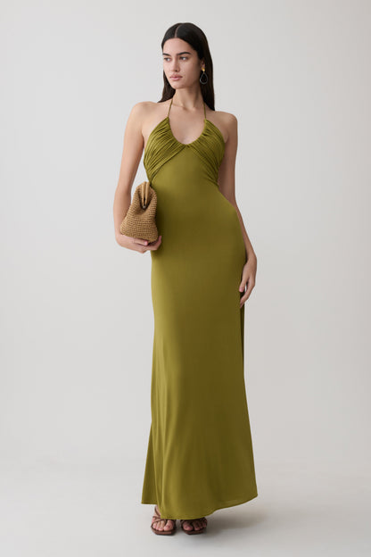 Maely Gathered Slinky Maxi Dress - Olive