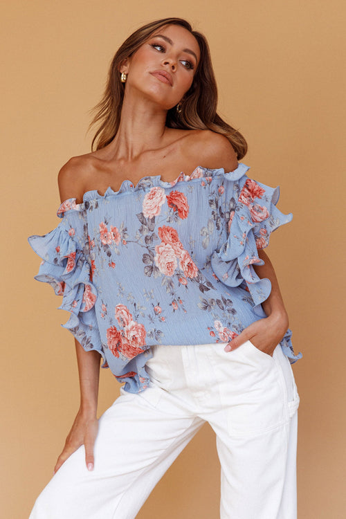 Miranda Off-Shoulder Ruffle Sleeve Top Floral Print Blue