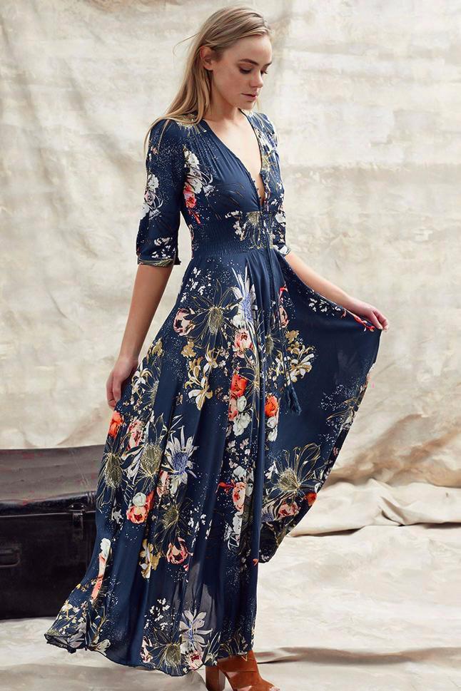 JAASE - Indiana Maxi Dress: Lace Back Shirred Waist A Line Dress with Handkerchief Hemline in Indigo Print