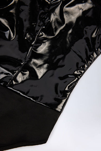 Glossy Vinyl Plunge-Neck Bodysuit in Black
