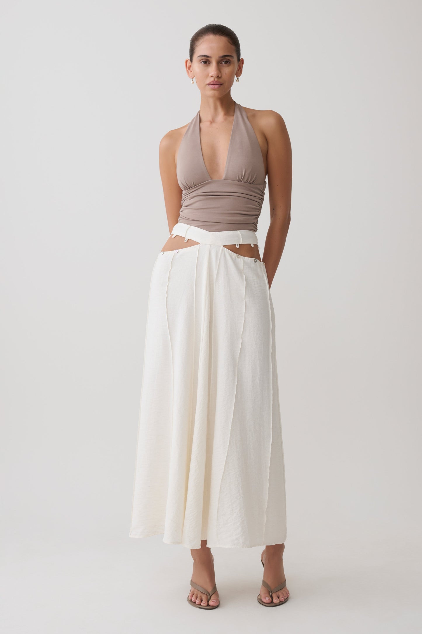 Claire Pearl Button Midi Skirt - White