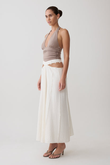 Claire Pearl Button Midi Skirt - White