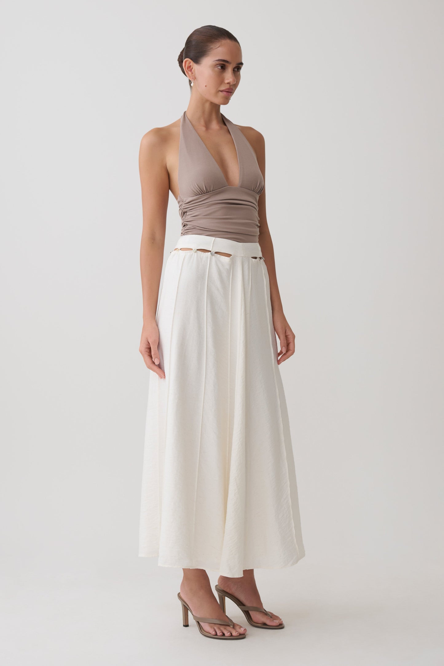 Claire Pearl Button Midi Skirt - White