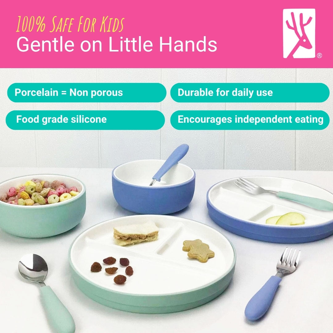 Kids Porcelain Mealtime Bundle | Plates, Bowls + Toddler Utensils | Suction Sleeves | Sage/MistyBlue
