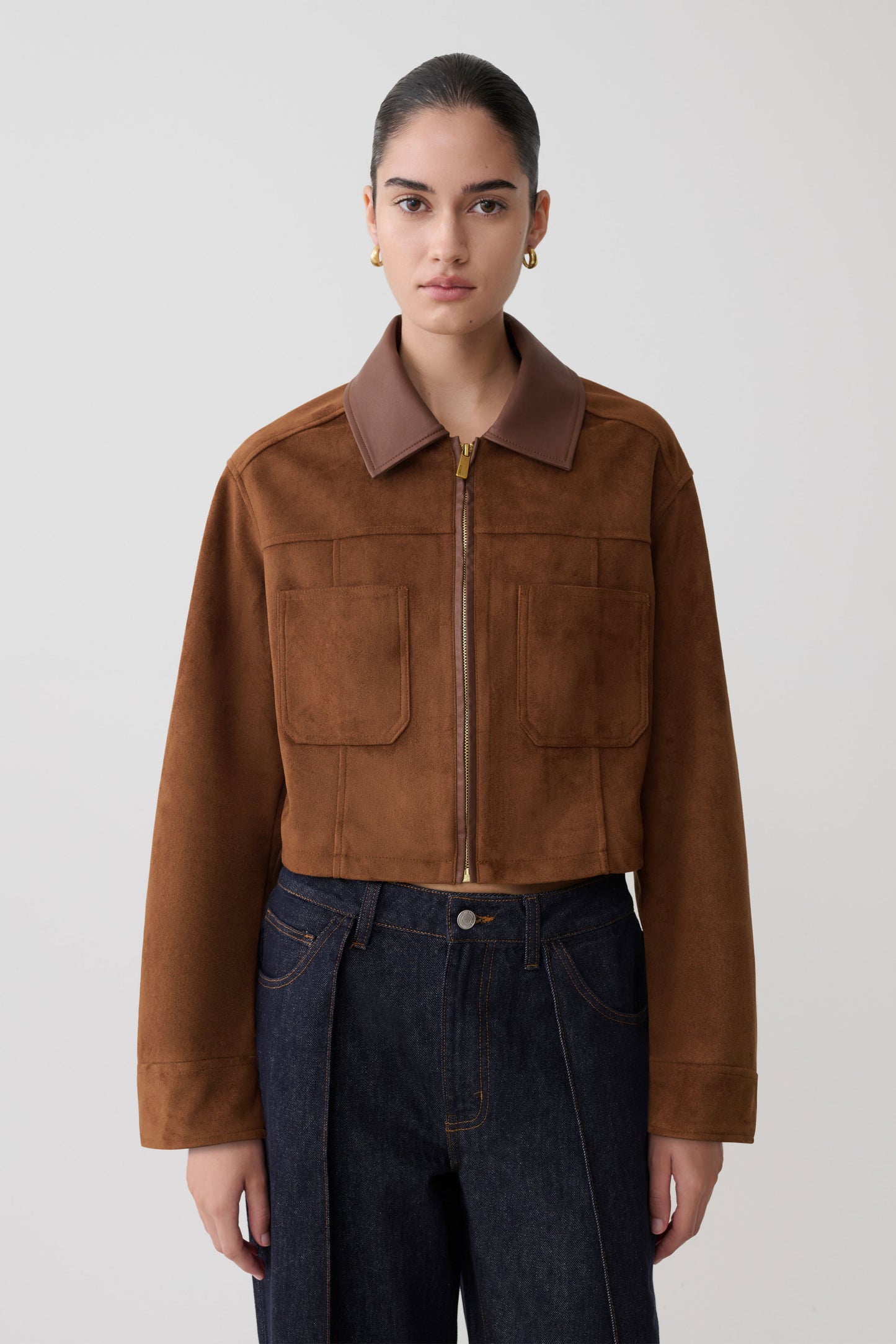 Remy Faux Suede & Leather Collared Jacket - Tan