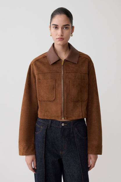 Remy Faux Suede & Leather Collared Jacket - Tan