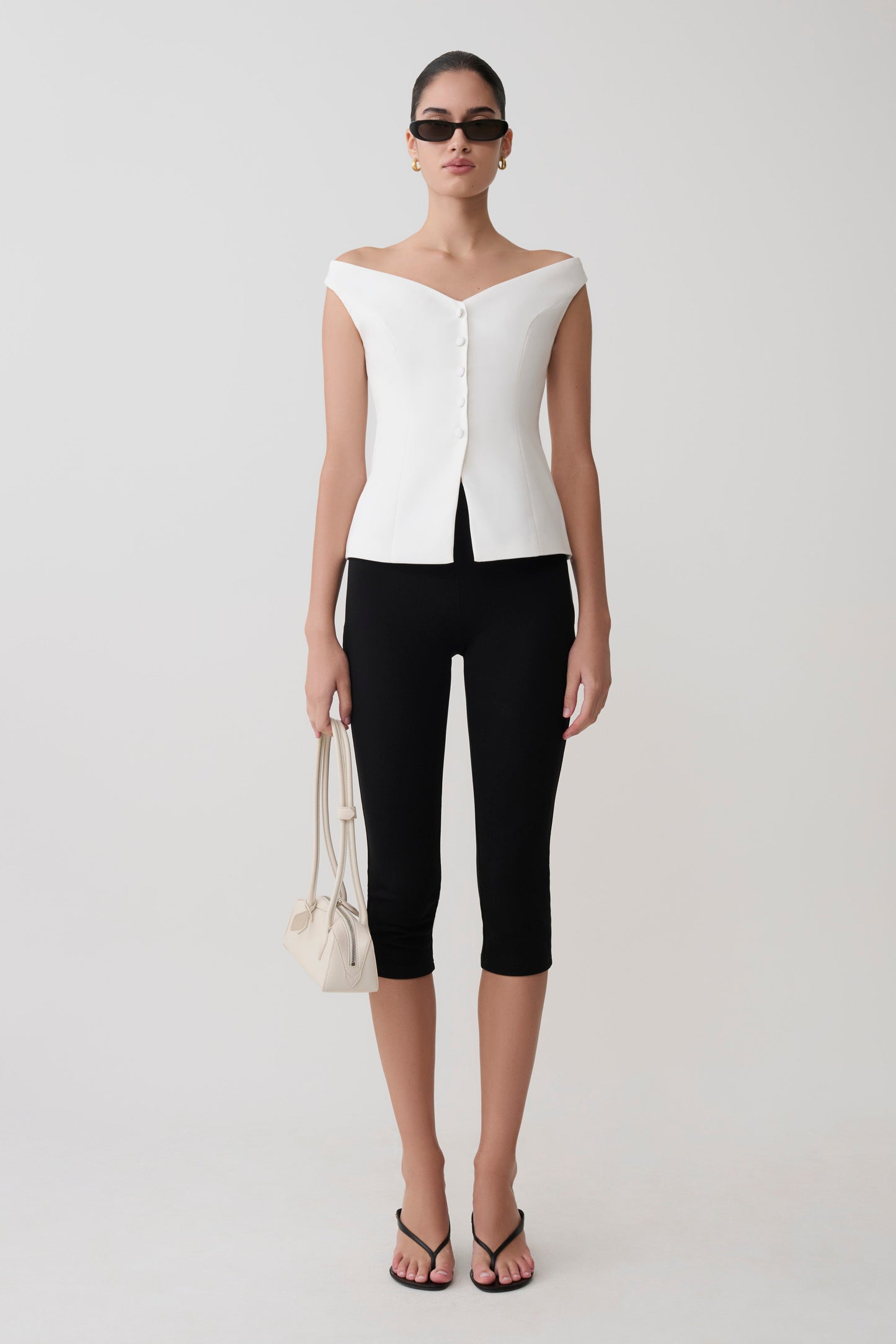 Billie Off Shoulder Sleeveless Button Top - White