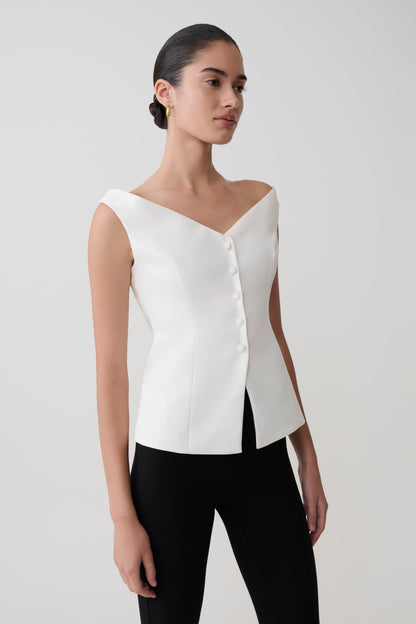 Billie Off Shoulder Sleeveless Button Top - White