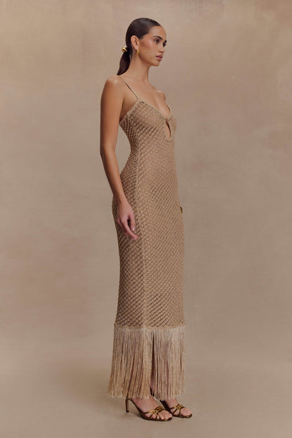 Raelynn Metallic Knit Fringe Midi Dress - Gold