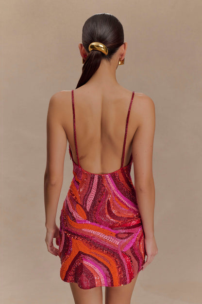 Eloise Hand Beaded Mini Dress - Pink Swirl Print