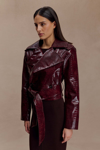 Archie Croc Faux Leather Cropped Jacket - Burgundy