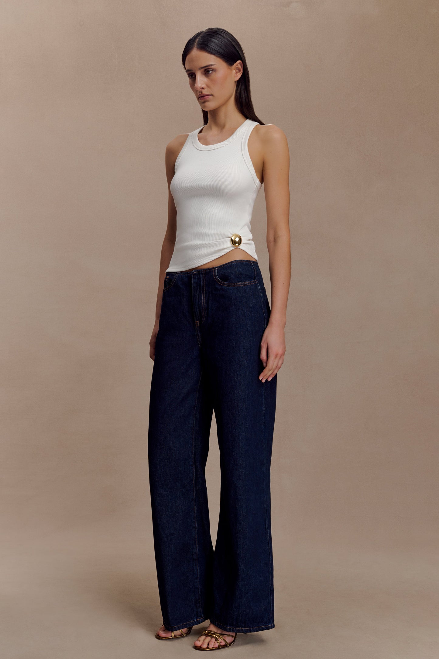 Lola Ribbed Sleeveless Top With Hardware - White