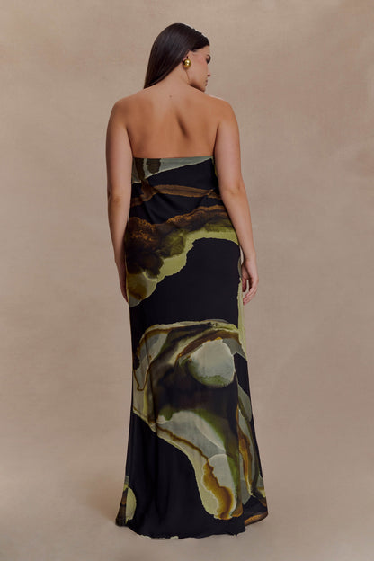Amaya Strapless Chiffon Maxi Dress - Green Fluid Reverie Print