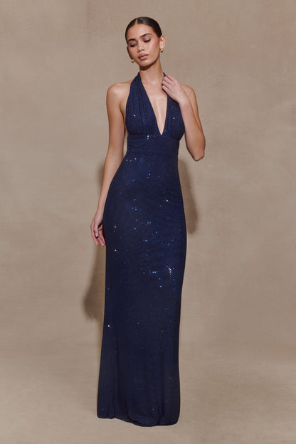 Harriet Halter Neck Diamante Maxi Dress - Navy