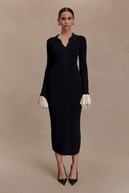 Amirose Ruffle Knit Midi Dress - Black