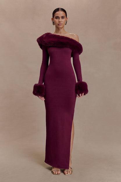 Karleigh Faux Fur Knit Maxi Dress - Plum