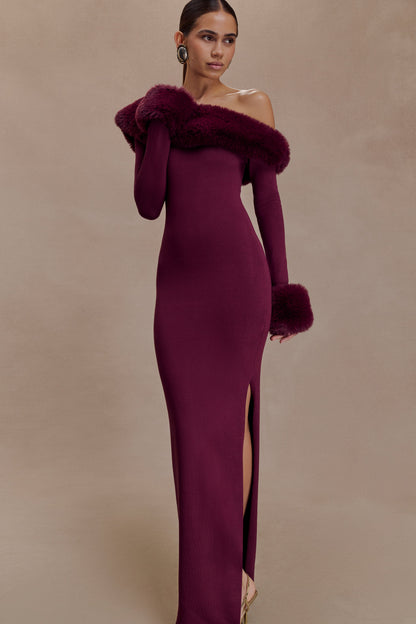 Karleigh Faux Fur Knit Maxi Dress - Plum