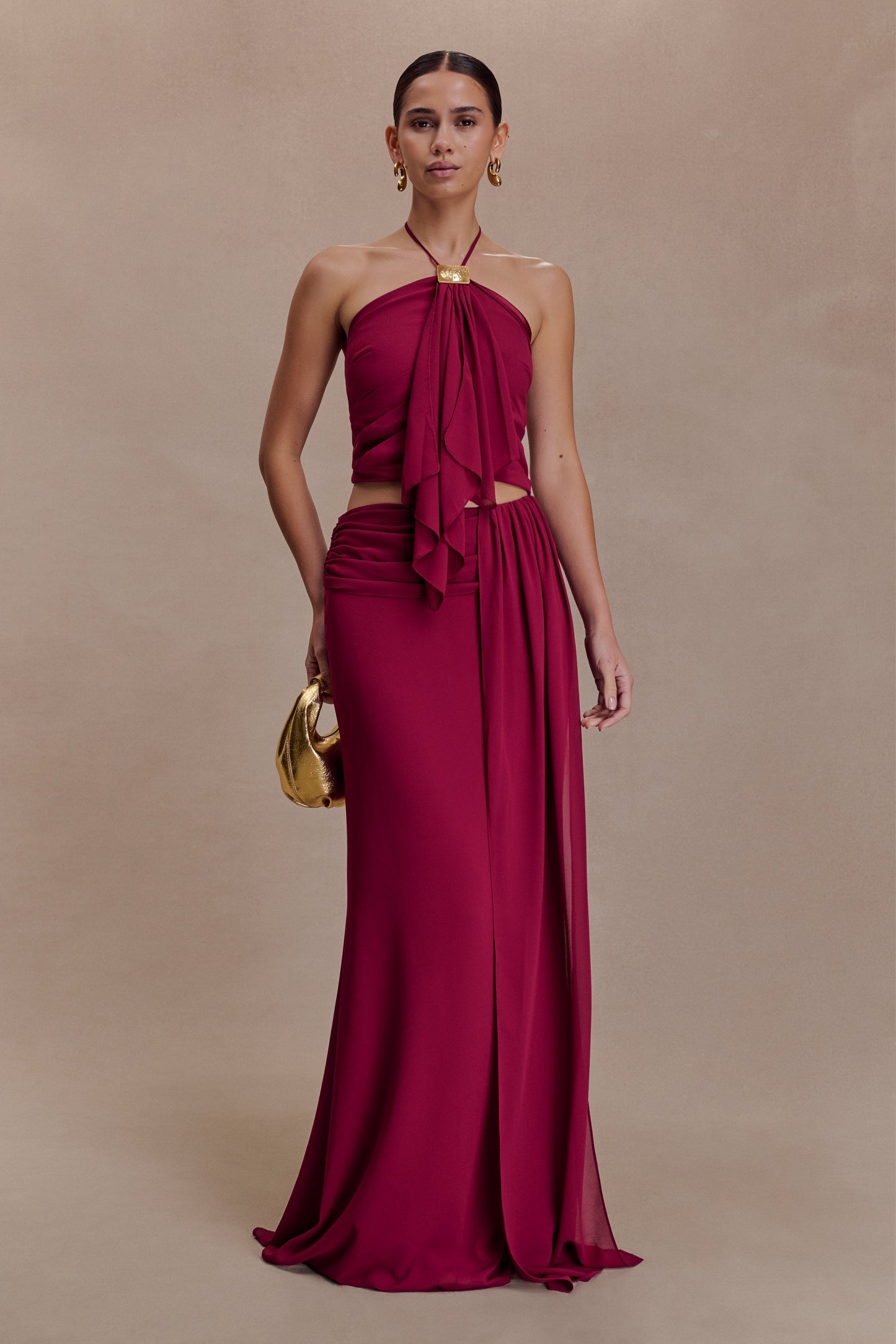 Celina Chiffon Halter Top With Hardware - Cherry Red