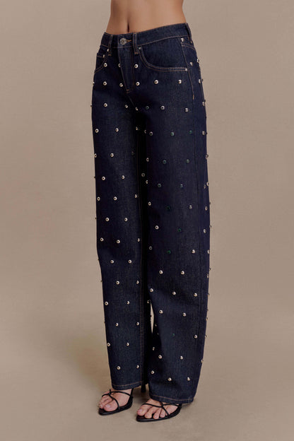 Alima Mid Rise Stud Denim Jeans - Washed Indigo Blue