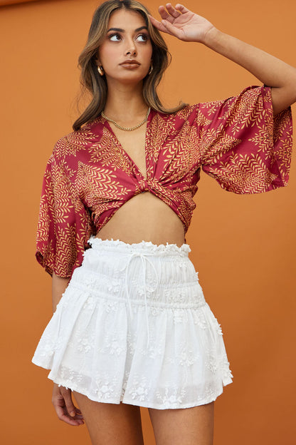 Rivera Deep-V Waist-Tie Top Leaf Print Wine