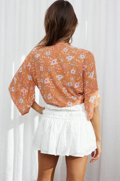 Rivera Deep-V Tie Front Crop Top Floral Print Orange/Pink