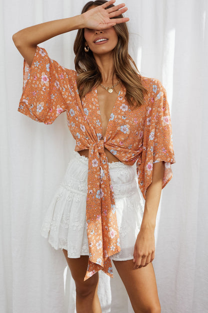 Rivera Deep-V Tie Front Crop Top Floral Print Orange/Pink