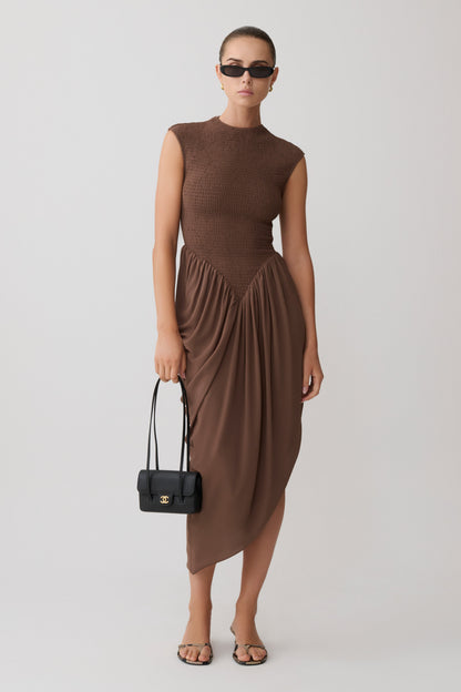 Nola Shirred Asymmetric Midi Dress - Mocha