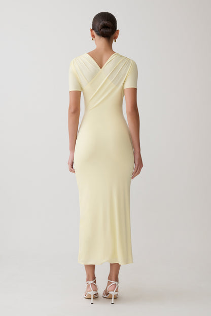 Junie Cross-Over Neck Slinky Maxi Dress - Lemon