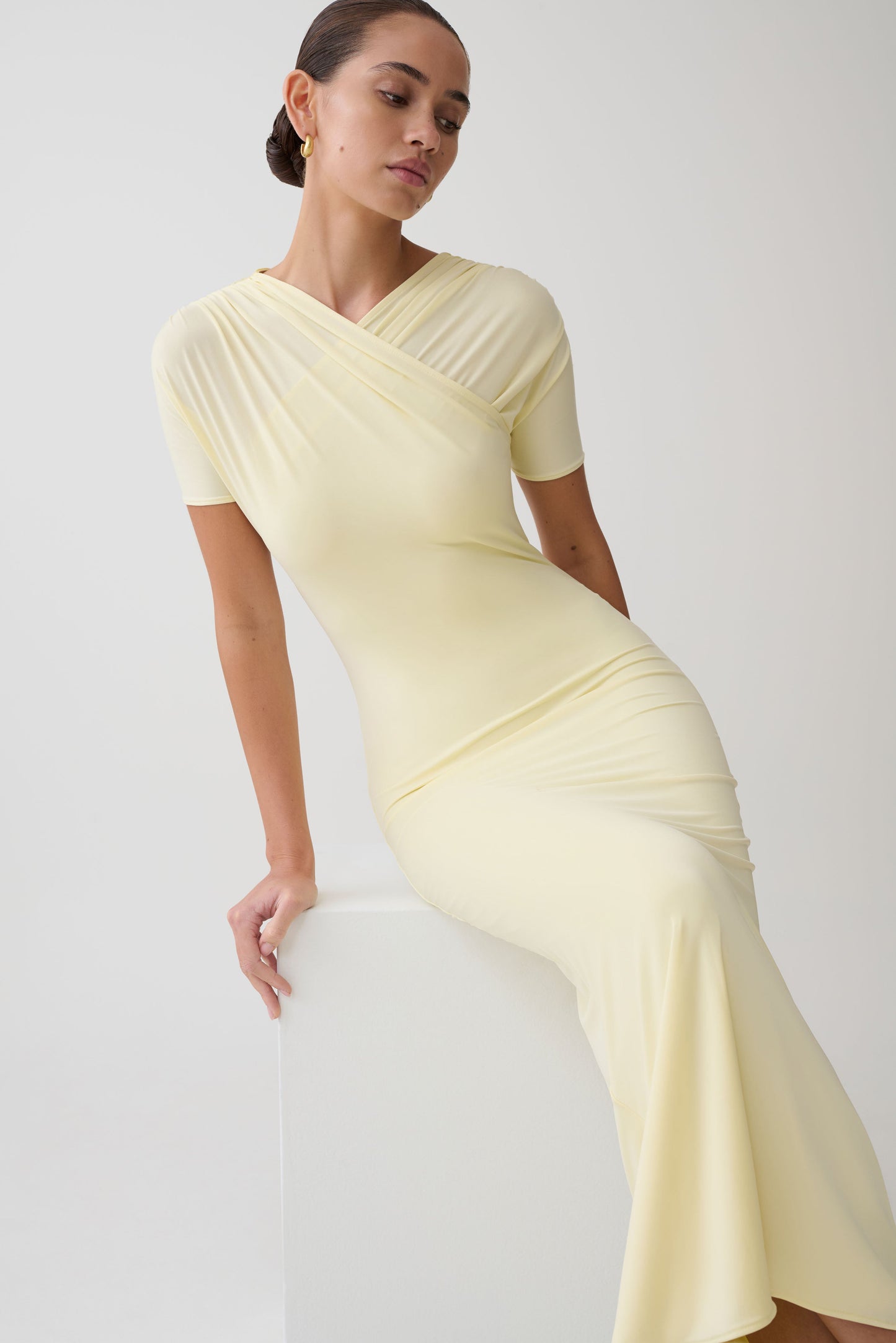 Junie Cross-Over Neck Slinky Maxi Dress - Lemon