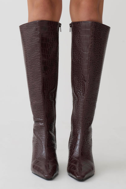 Sarah Faux Leather Crocodile Boot - Chocolate