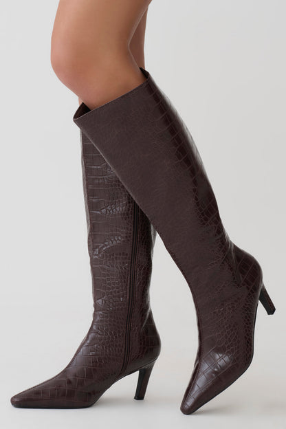 Sarah Faux Leather Crocodile Boot - Chocolate