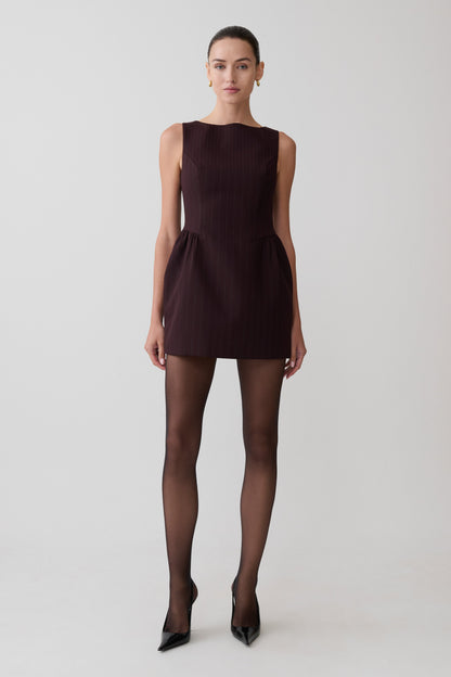 Hallie Boat Neck Mini Dress - Plum Pinstripe